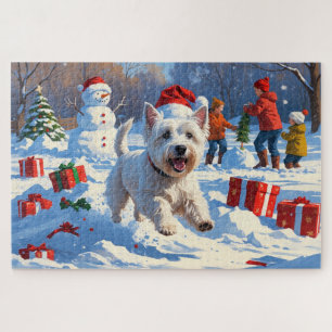Westie rent in de sneeuw met kerstmuts legpuzzel