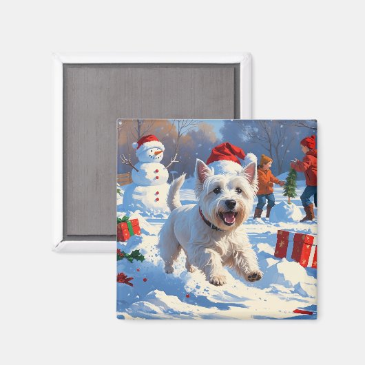 Westie rent in de sneeuw met kerstmuts magneet (Voorkant / Achterkant)