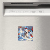 Westie rent in de sneeuw met kerstmuts magneet (Insitu (Vaatwasser))