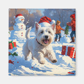 Westie rent in de sneeuw met kerstmuts magneet (Voorkant)
