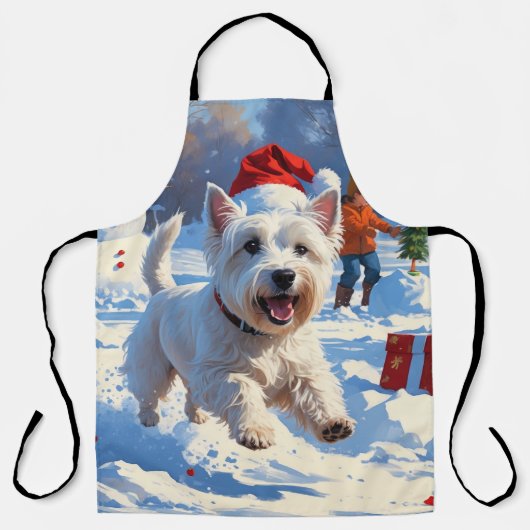 Westie rent in de sneeuw met kerstmuts schort (Voorkant)