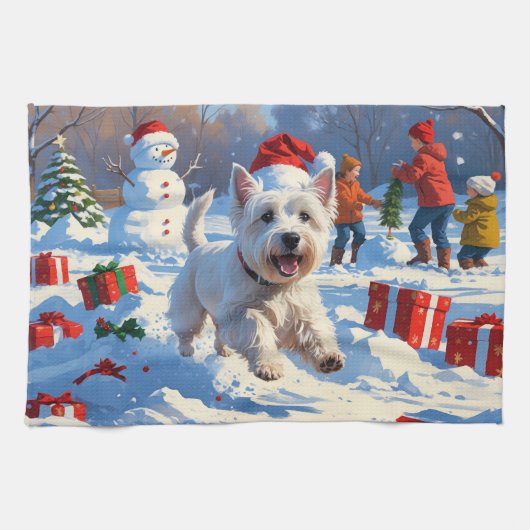 Westie rent in de sneeuw met kerstmuts theedoek (Horizontaal)