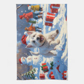 Westie rent in de sneeuw met kerstmuts theedoek (Verticaal)