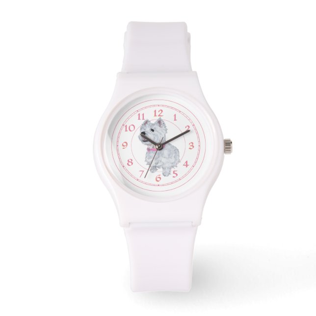 Westie Roze Halsband Horloge (Voorkant)