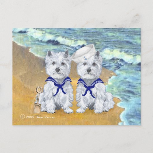 Westie Sailor Twins op het Strand Briefkaart (Voorkant)