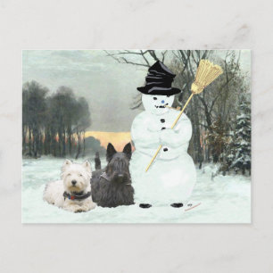 Westie & Scottie bouwen een sneeuwman Briefkaart