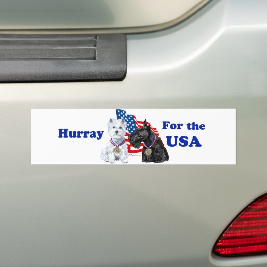 Westie & Scottie Hooray voor de Verenigde Staten Bumpersticker (Op auto)