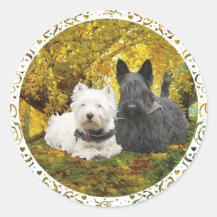 Westie & Scottie in de herfst Ronde Sticker