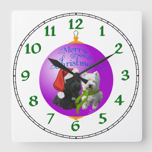 Westie Scottie Kerst Ornament Vierkante Klok (Voorkant)