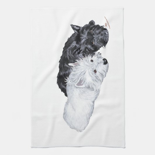 Westie & Scottie op hun gemak Theedoek (Verticaal)