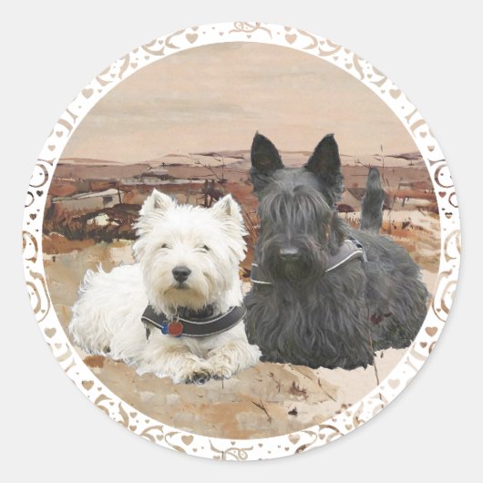 Westie & Scottie Samen Herfst Ronde Sticker (Voorkant)