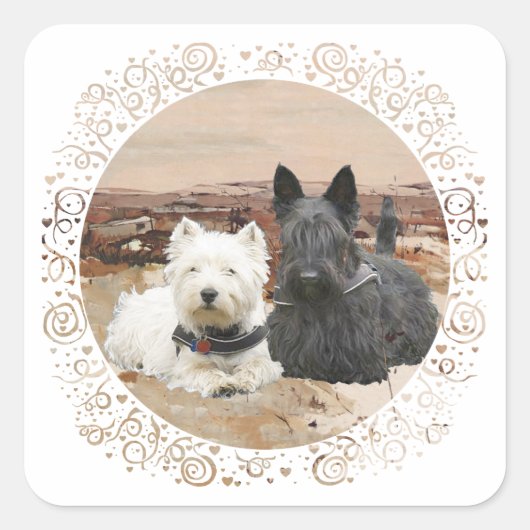 Westie & Scottie Samen Herfst Vierkante Sticker (Voorkant)