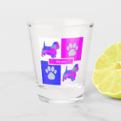 Westie Silhouette Dog & Paw Pink Blue Square Shot Glas (Voorkant)
