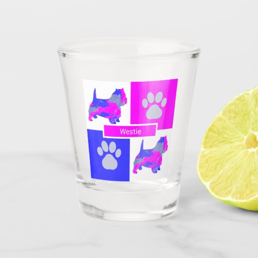 Westie Silhouette Dog & Paw Pink Blue Square Shot Glas (Voorkant)