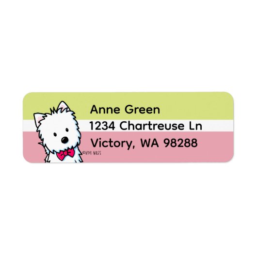 Westie strikdas gedempte Chartreuse en Cranberry Etiket (Voorkant)