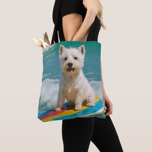 Westie Surfing Beach Bag Canvas tas (Dichtbij)