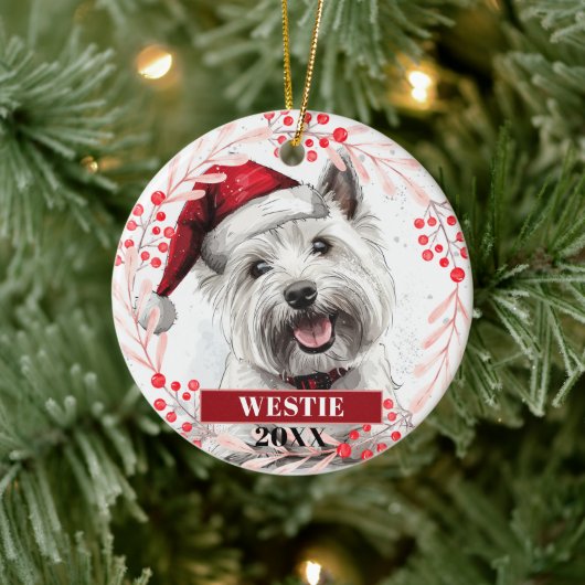 Westie Terrier in kerstmuts kerstornament Keramisch Ornament (Boom)