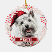 Westie Terrier in kerstmuts Kerstversiering Keramisch Ornament (Voorkant)