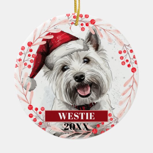 Westie Terrier in kerstmuts Kerstversiering Keramisch Ornament (Voorkant)