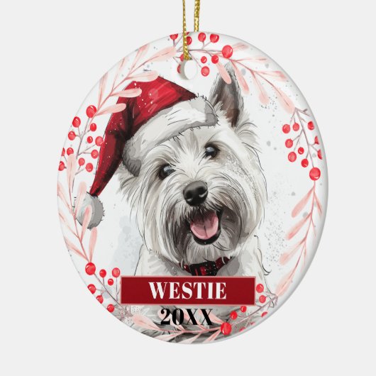 Westie Terrier in kerstmuts Kerstversiering Keramisch Ornament (Links)