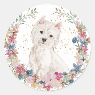 Westie Terrier Spring Flowers Wreator Ronde Sticker