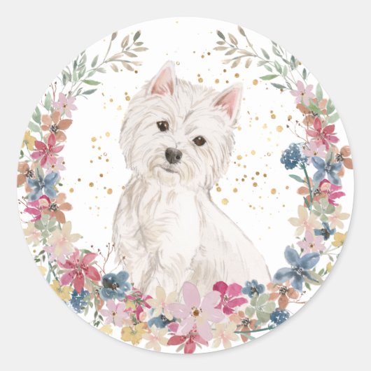 Westie Terrier Spring Flowers Wreator Ronde Sticker (Voorkant)