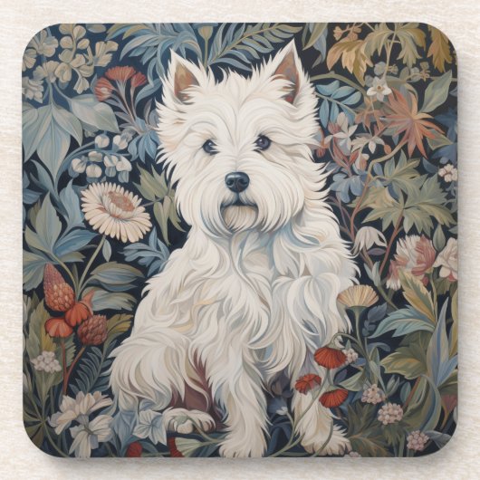 Westie Tuinwandtapijt in William Morris Style Bier Onderzetter (Voorkant)