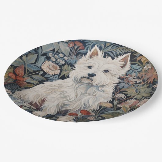 Westie Tuinwandtapijt in William Morris Style Papieren Bordje (Gekanteld)