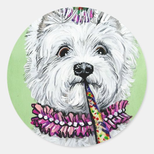Westie verjaardagsfeestje ronde sticker (Voorkant)