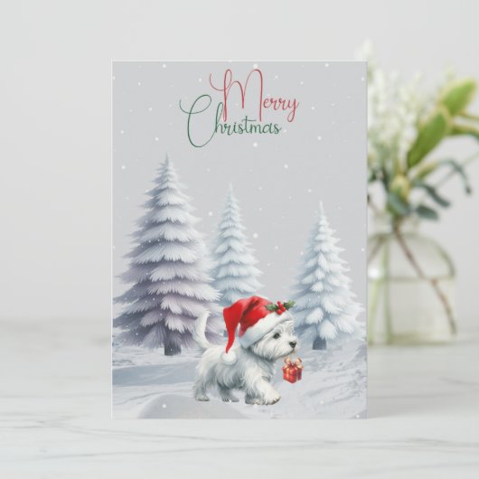 Westie With Gift Merry Christmas Card Feestdagenkaart (Staand voorkant)