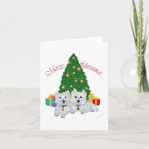 Westies bij de Kerstboom Feestdagen Kaart