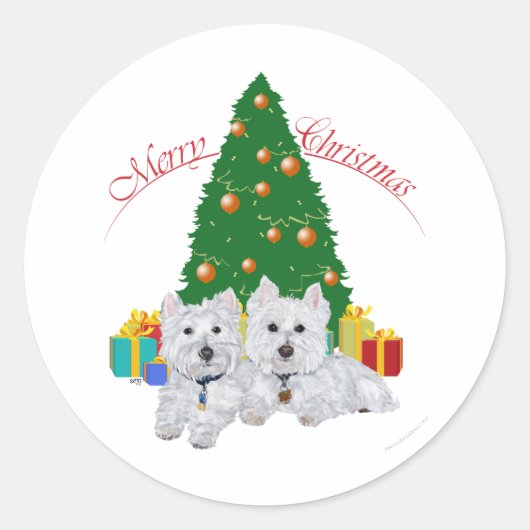 Westies bij de Kerstboom Ronde Sticker (Voorkant)