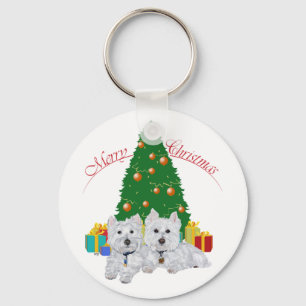 Westies bij de Kerstboom Sleutelhanger