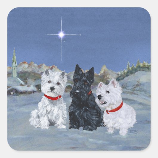 Westies en een Scottie Kerst Vierkante Sticker (Voorkant)