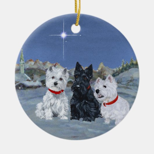 Westies en een Scottie Kerstmis Keramisch Ornament (Voorkant)