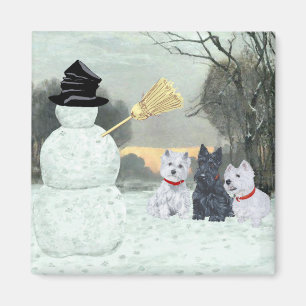 Westies en Scottie met Sneeuwman Magneet