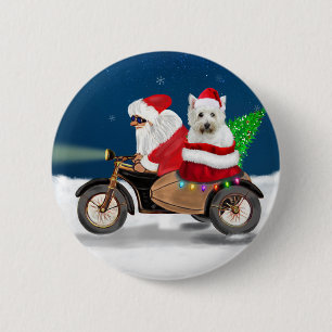 Westie's Feestelijke Rit: Kerstman op een Motorfie Ronde Button 5,7 Cm