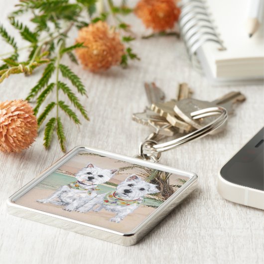 Westies op een Palmy Beach Sleutelhanger (Zijkant)