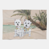 Westies op een zonnig strand theedoek (Horizontaal)