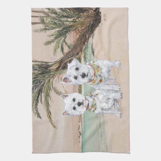 Westies op een zonnig strand theedoek (Verticaal)