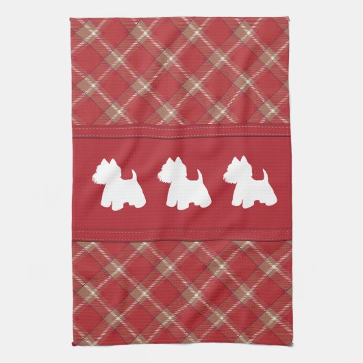Westies op tartan achtergrond theedoek (Verticaal)