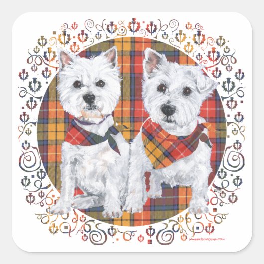 Westies op Tartan Vierkante Sticker (Voorkant)
