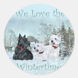 Westies & Scottie in de wintertijd Ronde Sticker