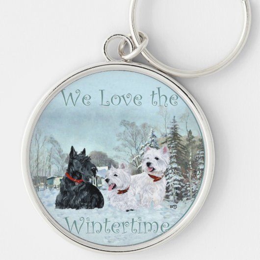 Westies & Scottie in de wintertijd Sleutelhanger (Voorkant)