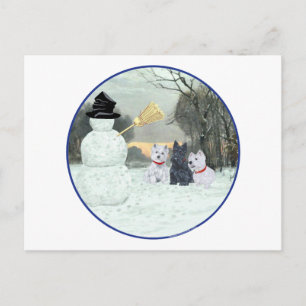 Westies & Scottie met Sneeuwman Briefkaart