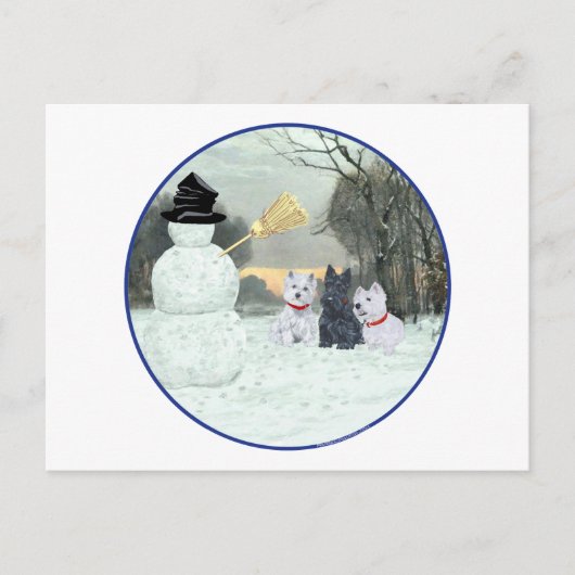 Westies & Scottie met Sneeuwman Briefkaart (Voorkant)