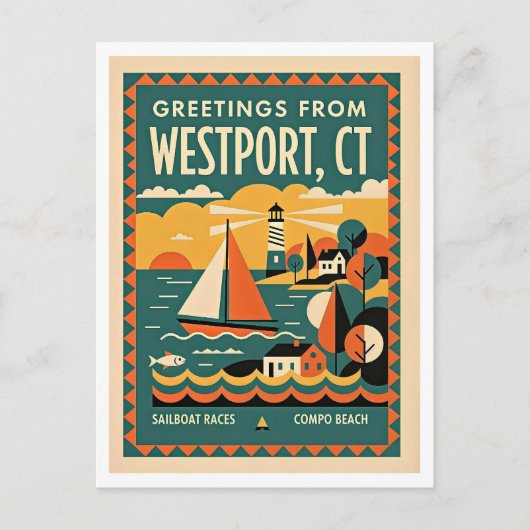 Westport CT Retro Reizen Briefkaart (Voorkant)