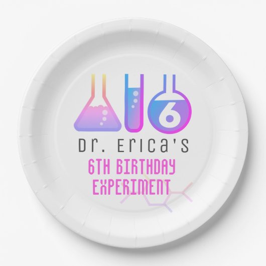 Wetenschap Experiment Neon Roze Meisje Verjaardag Papieren Bordje (Voorkant)