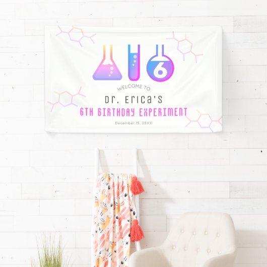 Wetenschap Experiment Neon Roze Meisje Verjaardag  Spandoek (Insitu)