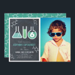 Wetenschap Experiment Zwart Krijtbord Foto Verjaar Kaart<br><div class="desc">Deze coole "verjaardag experiment" wetenschap verjaardagsfeest foto uitnodiging beschikt over een krijtbord / schoolbord achtergrond met kolven,  en een reageerbuis omlijst door een witte rand. De achterkant heeft een blauwgroen achtergrond met molecuulpatronen. Personaliseer voor uw behoeften. U kunt bijpassende producten vinden in mijn winkel.</div>